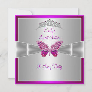Sweet Sixteen 16 Fuchsia Pink Silver Tiara 3 Invitation