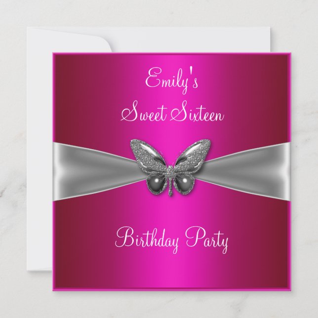 Sweet Sixteen 16 Fuschia Silver Butterfly Jewel Invitation (Front)