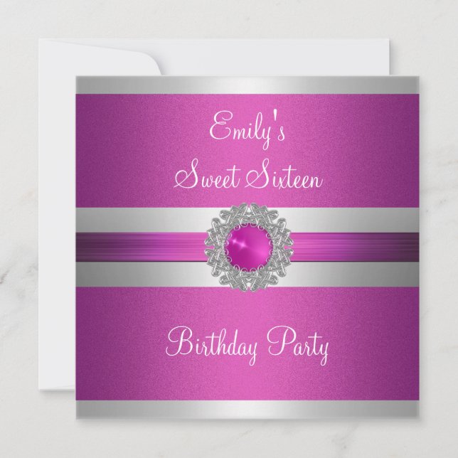 Sweet Sixteen 16 Fuschia Silver Jewel Birthday 2 Invitation (Front)