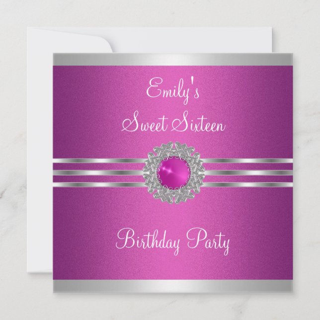 Sweet Sixteen 16 Fuschia Silver Jewel  Birthday Invitation (Front)