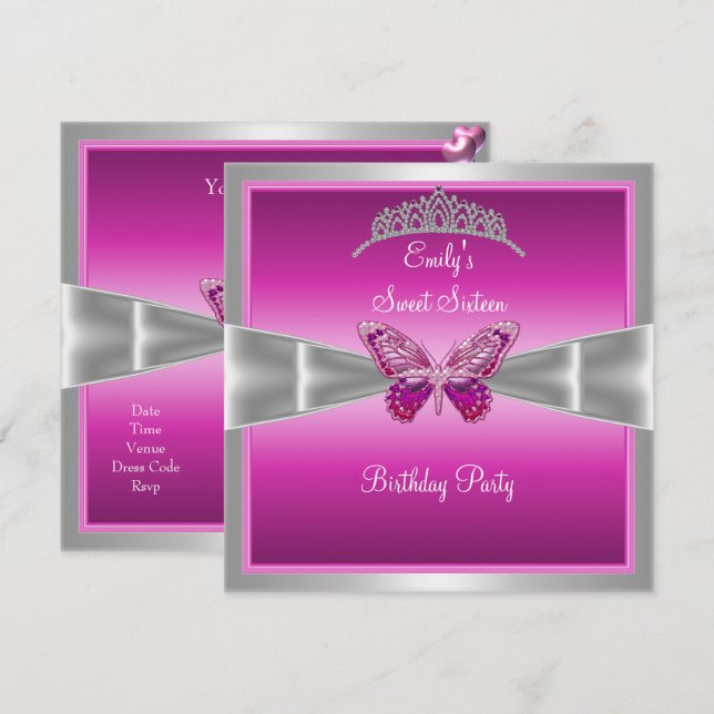 Sweet Sixteen 16 Fushia Pink Silver Tiara 2 Invitation (Front/Back)