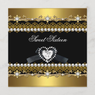 Sweet Sixteen 16 Gold Black Pearl Diamond Invitation