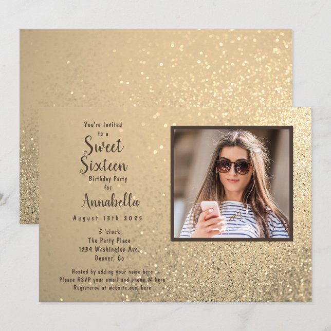 Sweet Sixteen 16 Gold Glitter Photo Birthday  Invitation (Front/Back)