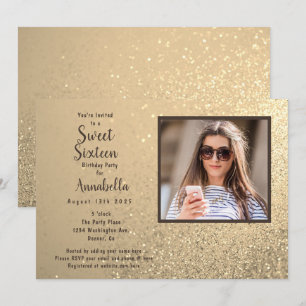 Sweet Sixteen 16 Gold Glitter Photo Birthday  Invitation