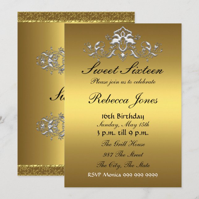 Sweet sixteen 16 Gold Invitation (Front/Back)