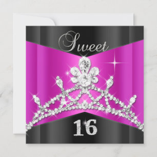 Sweet Sixteen 16 Hot Pink Black Silver Tiara Invitation