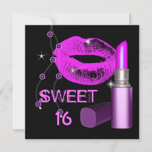 Sweet Sixteen 16 Hot Pink Lips Black Lipstick Invitation