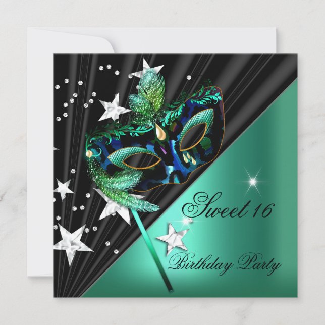 Sweet Sixteen 16 Jade Green Black Mask Invitation (Front)
