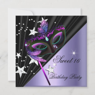 Sweet Sixteen 16 Lilac Black Silver Mask Invitation