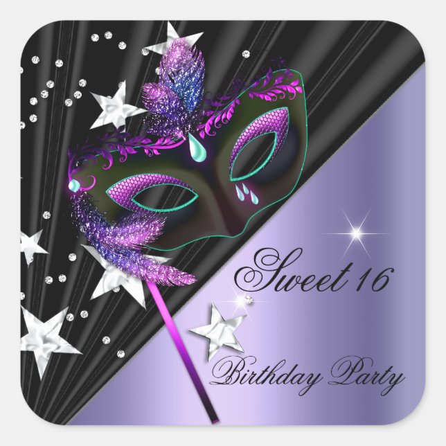 Sweet Sixteen 16 Lilac Black Silver Mask Square Sticker (Front)