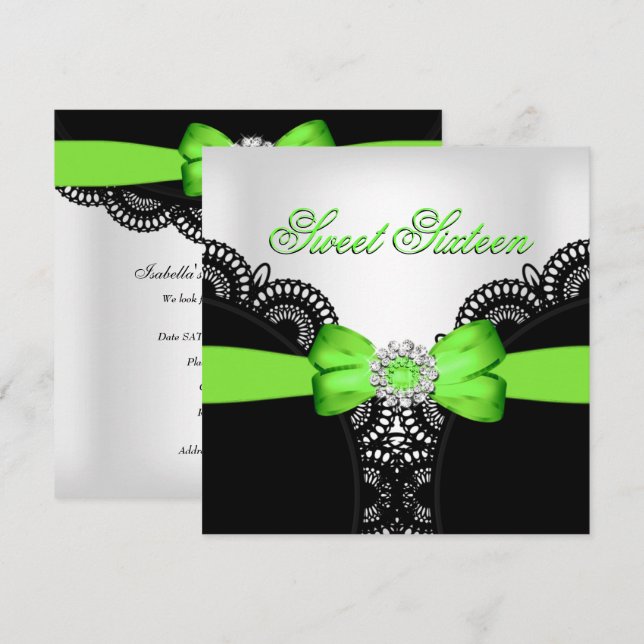 Sweet Sixteen 16 Lime Black White Lace Invitation (Front/Back)