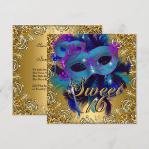 Sweet Sixteen 16 Masquerade Blue Gold Purple Invitation