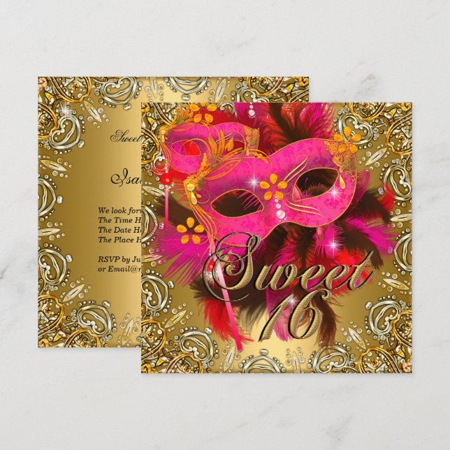 Sweet Sixteen 16 Masquerade Coral Pink Gold Invitation (Front/Back)