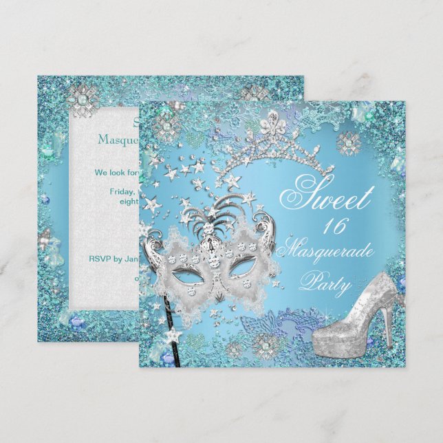 Sweet  Sixteen 16 Masquerade Party Blue Tiara Shoe Invitation (Front/Back)