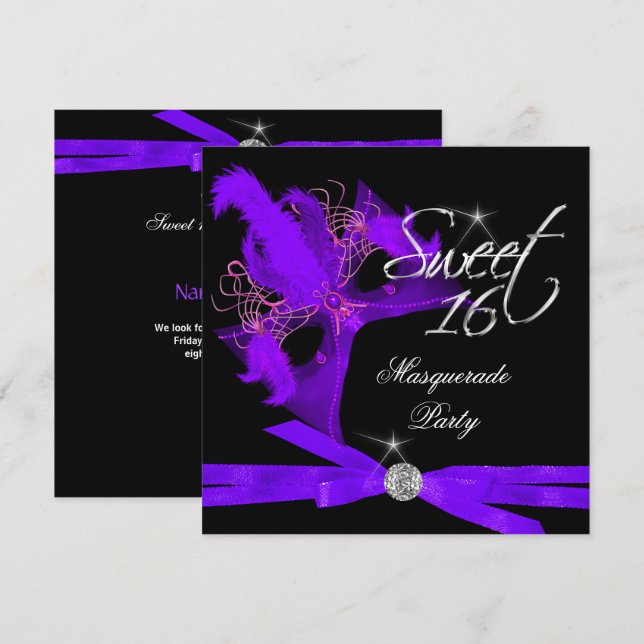 Sweet Sixteen 16 Masquerade Purple Black Invitation (Front/Back)