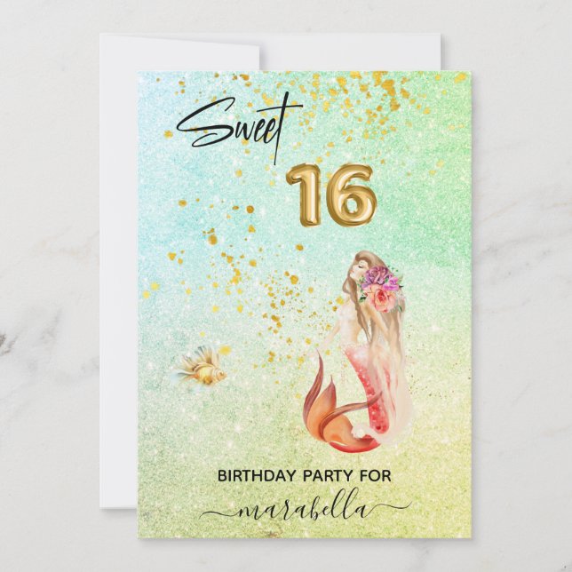 *~ SWEET SIXTEEN 16 Ombre Mermaid Birthday Party Invitation (Front)