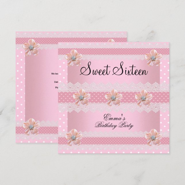 Sweet Sixteen 16 Party Floral Pink White Spot Invitation (Front/Back)