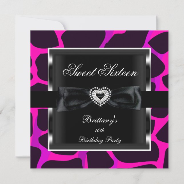 Sweet Sixteen 16 Party Hot Pink Animal Print Black Invitation (Front)
