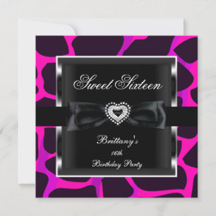 Sweet Sixteen 16 Party Hot Pink Animal Print Black Invitation