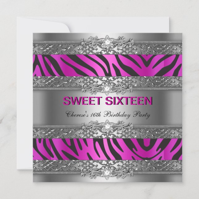 Sweet Sixteen 16 Party Hot Pink Silver Zebra Black Invitation (Front)