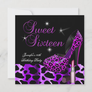 Sweet Sixteen 16 Party Leopard Shoe Lipstick Invitation