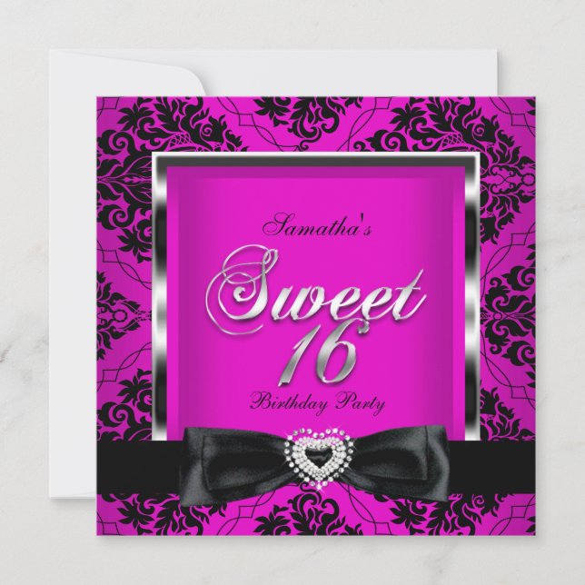 Sweet Sixteen 16 Party Pink Black Damask Silver Invitation (Front)