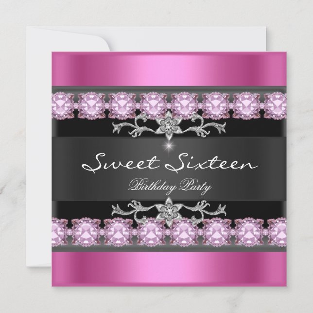 Sweet Sixteen 16 Party Pink Black Silver White Invitation (Front)