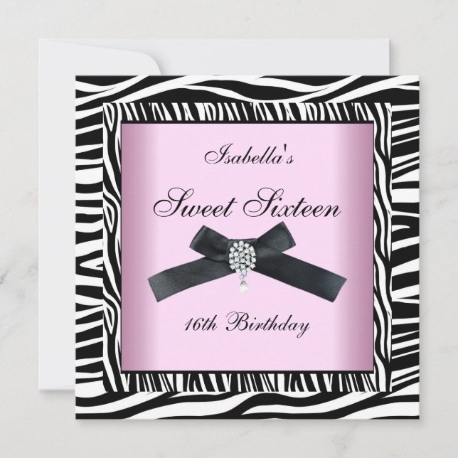 Sweet Sixteen 16 Party Pink Black White Zebra 5 Invitation (Front)