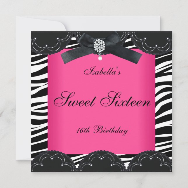 Sweet Sixteen 16 Party Pink Black White Zebra Invitation (Front)