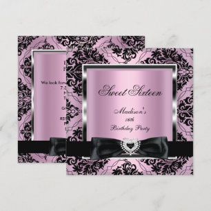 Sweet Sixteen 16 Party Pink Damask Silver Black Invitation