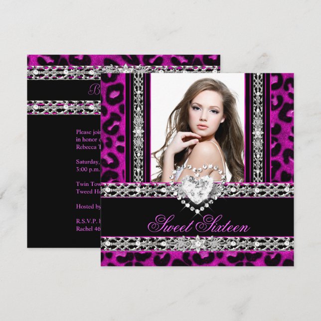 Sweet Sixteen 16 Party Pink Leopard Diamond Invitation (Front/Back)