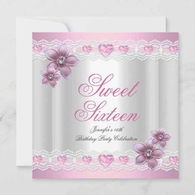 Sweet Sixteen 16 Party Pink Silver Pink Flower Invitation (Front)