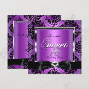 Sweet Sixteen 16 Party Purple Damask Silver Black Invitation