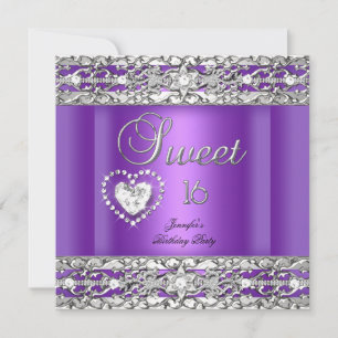 Sweet Sixteen 16 Party  Purple Silver Diamond Invitation
