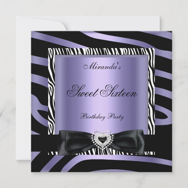 Sweet Sixteen 16 Party Purple White Zebra Black Invitation (Front)