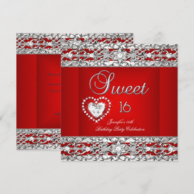 Sweet Sixteen 16 Party Red Silver Diamond Invitation (Front/Back)