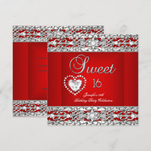 Sweet Sixteen 16 Party Red Silver Diamond Invitation