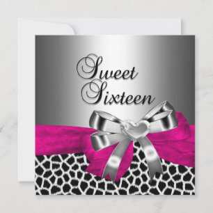 Sweet Sixteen 16 Party Silver Pink Black Giraffe Invitation