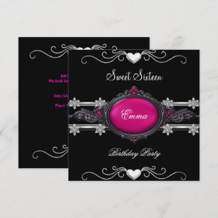 Sweet Sixteen 16 Party Silver Pink Black Jewel Invitation