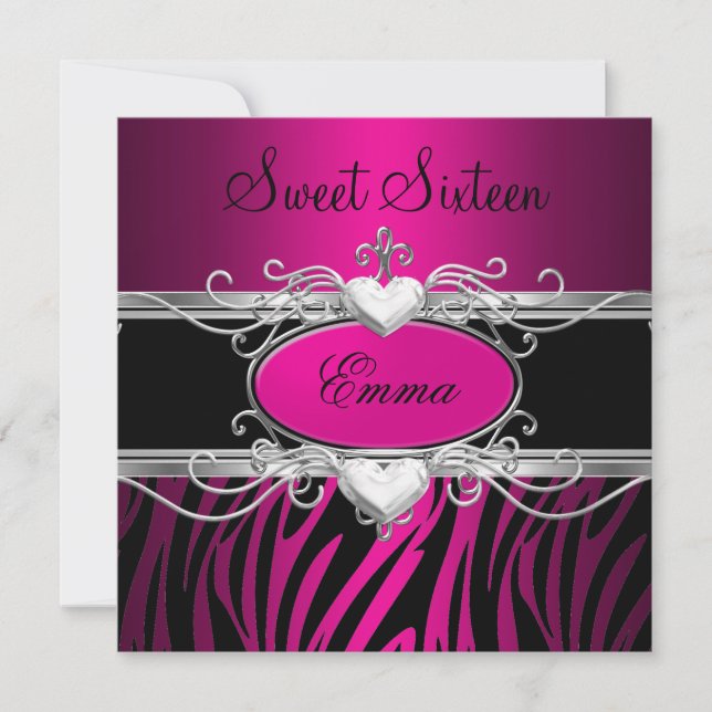 Sweet Sixteen 16 Party Silver Pink Black Leopard Invitation (Front)
