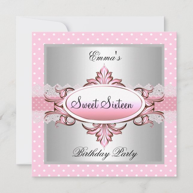 Sweet Sixteen 16 Party Silver Pink White Spot Invitation (Front)