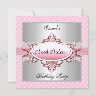 Sweet Sixteen 16 Party Silver Pink White Spot Invitation