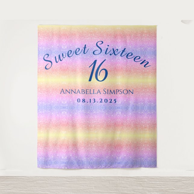 Sweet Sixteen 16 Personalised Rainbow Glitter  Tapestry (Front)