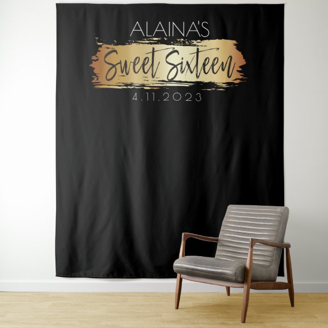 Sweet Sixteen 16 Photo Booth Party Backdrop Gold Tapestry (In Situ)