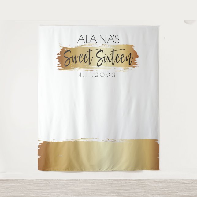 Sweet Sixteen 16 Photo Booth Party Backdrop Gold Tapestry (Front)