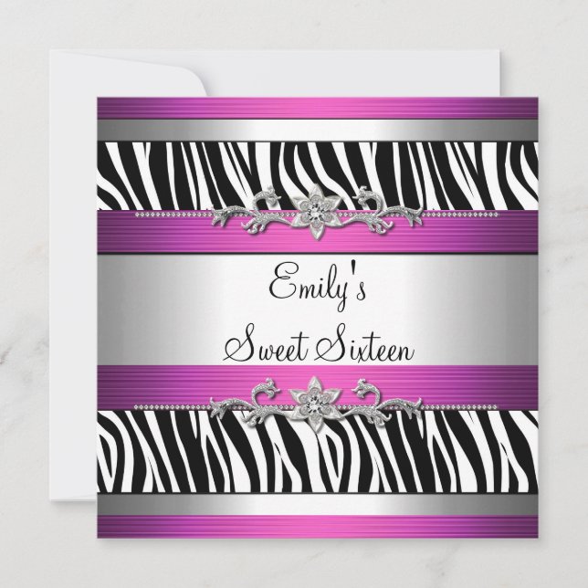 Sweet Sixteen 16 Pink Black White Zebra Silver Invitation (Front)