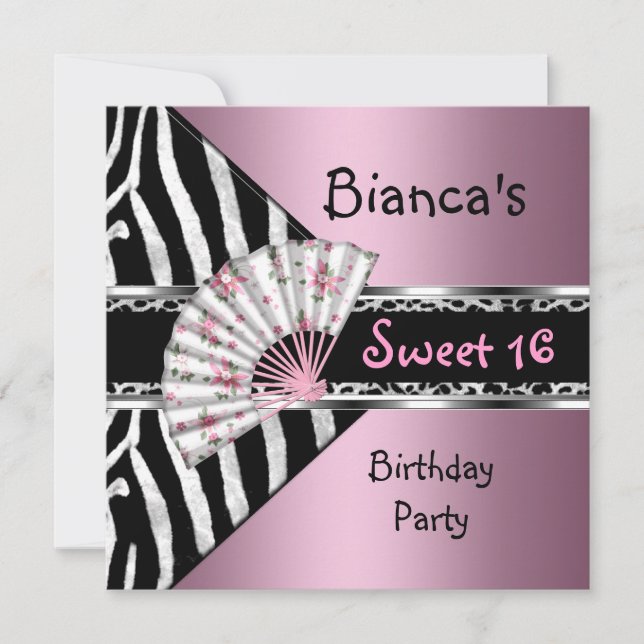Sweet Sixteen 16 Pink Fan Black Zebra Leopard Invitation (Front)