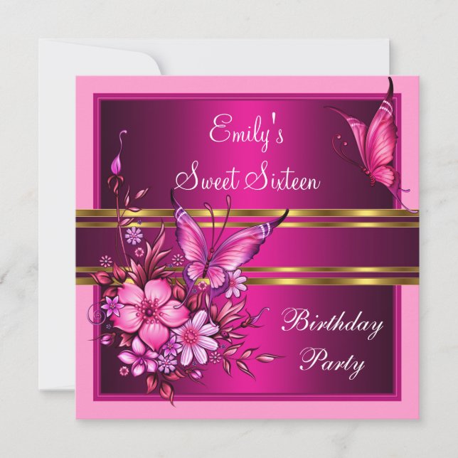 Sweet Sixteen 16 Pink Flowers Butterfly Birthday Invitation (Front)