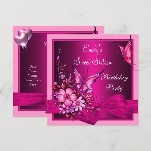 Sweet Sixteen 16 Pink Flowers Butterfly Birthday Invitation (Front/Back)