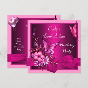 Sweet Sixteen 16 Pink Flowers Butterfly Birthday Invitation
